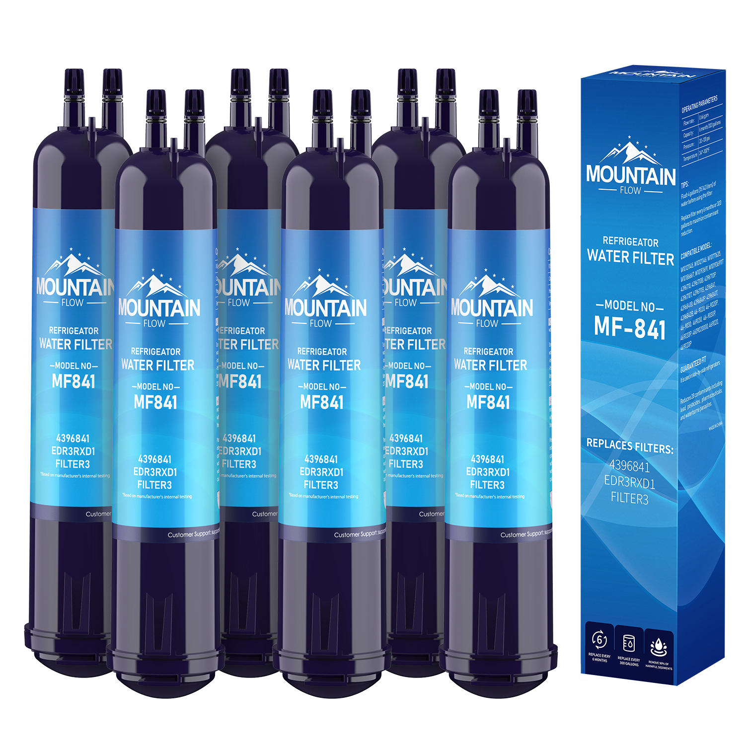 EDR3RXD1, 4396841 Refrigerator Filter 3 Compatible T2RFWG2, 9030, 9083 Water Filter, by MountainFlow, 6Packs
